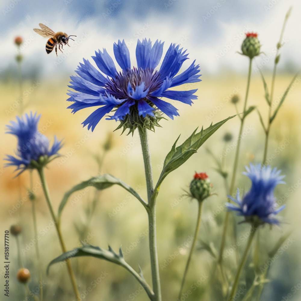 Fototapeta premium Watercolor of a single blue cornflower framed against blurred meadow tones, with a ladybug climbing up the stem and a bee hovering just above.