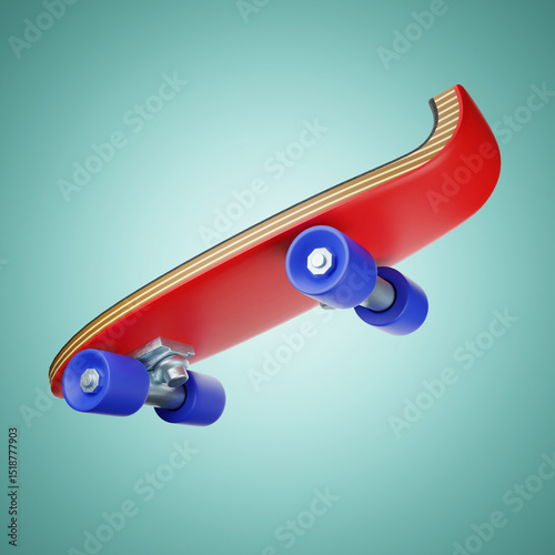 Skateboard in motion with red board on a green background. Image 3D rendering.