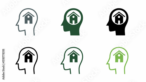 Illustrations of heads with houses inside, representing thoughts about home and real estate ideas |eps vectors set silhouette