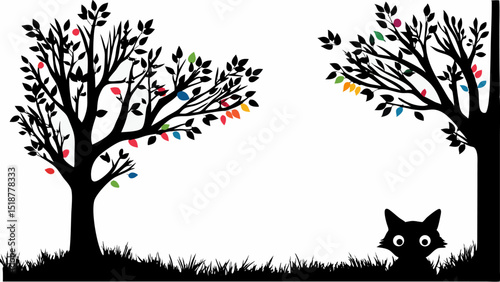 Silhouette of two trees with colorful leaves and a cat peeking through the grass at the bottom |eps vectors set