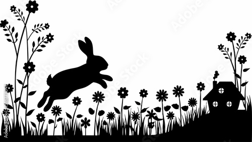 Silhouette of a rabbit jumping through a field of flowers near a house with smoke coming from chimney |eps vectors set
