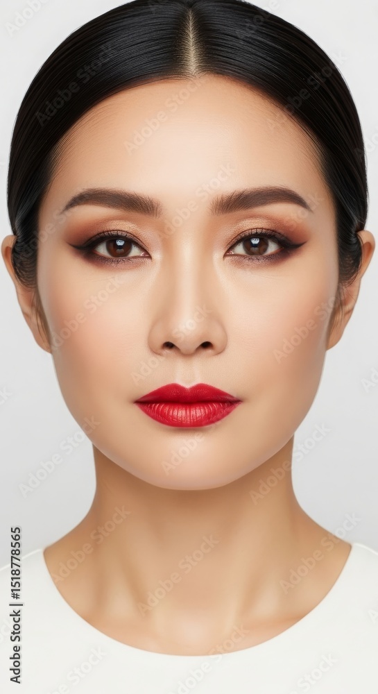 Fototapeta premium Stunning Asian Woman with Red Lips and Smokey Eye Makeup Look