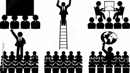Black and white illustration showing business people in various situations and presentations setting |eps vectors set silhouette