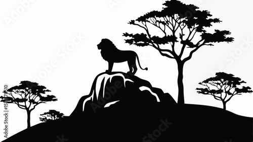 Silhouette of a lion standing on a rock with trees in the background in a monochrome landscape scene |eps vectors set