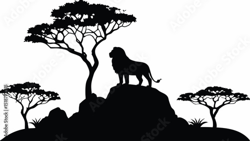 Silhouette of a lion standing on a rock formation with trees in the background in a black and white scene |eps vectors set
