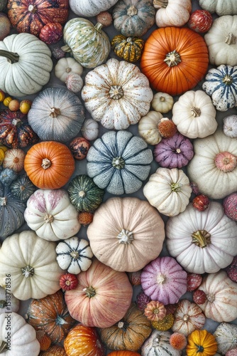 A vibrant array of colorful gourds, displayed closely together.  Various shades of orange, white, and pastel hues create a beautiful autumnal display