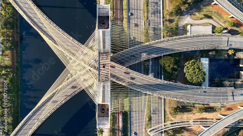 Top view of cable-stayed bridge, Marginal Pinheiros, and Pinheiros river in Sao Paulo city. 