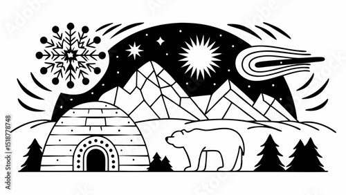Illustration of a polar landscape featuring an igloo, bear, mountains, stars, and a snowflake design |eps vectors set silhouette