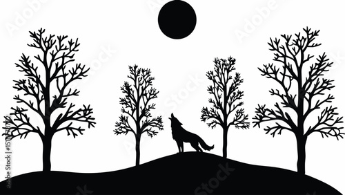 Silhouette of a wolf howling at the moon surrounded by bare trees in a stark black and white scene |eps vectors set