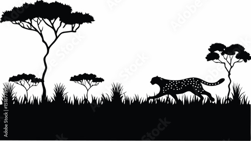 Silhouette of cheetah walking through grass with trees in black and white landscape design |eps vectors set