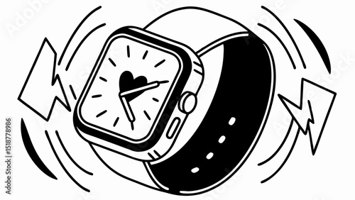 Vibrating smart watch with heart icon on the screen and lightning bolts on either side of the watch |eps vectors set silhouette