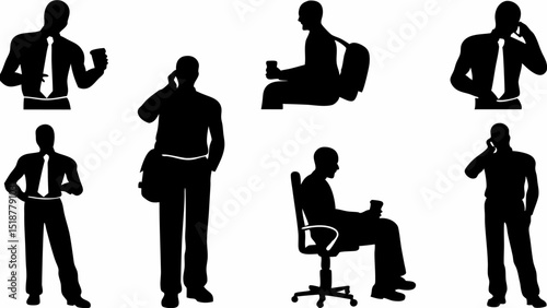 Silhouettes of business people in various poses and activities in a monochrome black and white style |eps vectors set