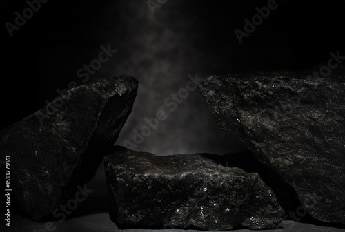 black stones with texture on dark background for cosmetic podium backdrop photo