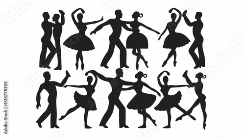 Silhouette illustrations of couples dancing in various poses against a white background in a pattern style |eps vectors set