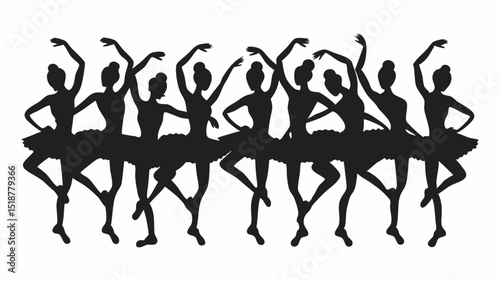 Silhouette of a group of ballerinas in tutus performing a dance routine with arms raised in unison formation |eps vectors set