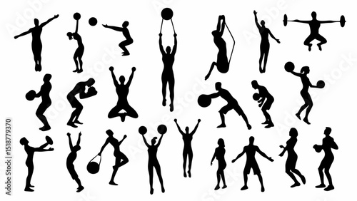 Silhouette illustrations of people exercising with balls and weights in various poses and positions |eps vectors set