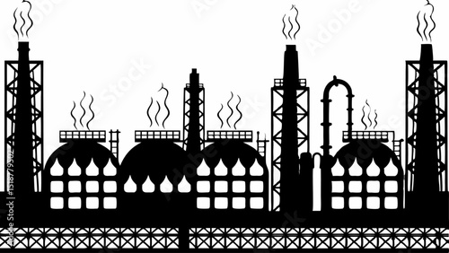 Silhouette of an industrial complex with chimneys and smoke against a white background scene view |eps vectors set