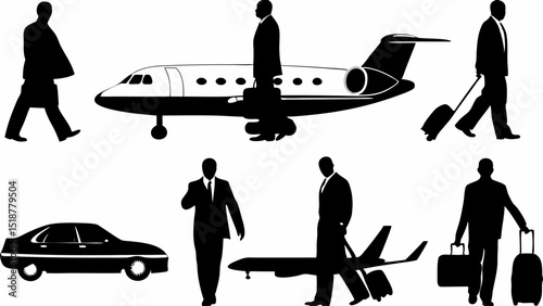 Silhouettes of business travelers with private jet and car representing corporate travel and lifestyle |eps vectors set