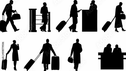 Silhouettes of people with luggage at an airport terminal or train station with travel and transportation theme |eps vectors set