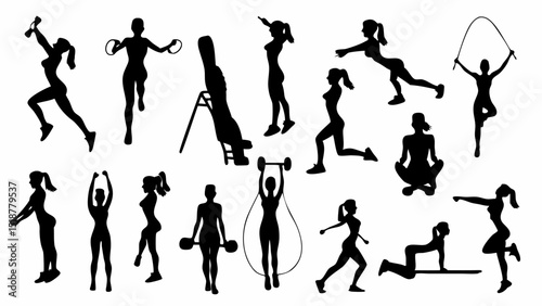 Silhouettes of women performing various exercises including yoga weightlifting and cardio activities |eps vectors set