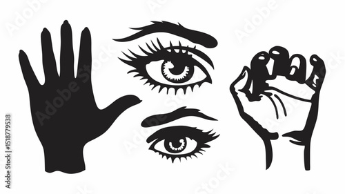 Illustration featuring two hands and two eyes in black and white simple graphic design style art |eps vectors set silhouette