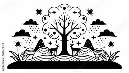 Illustration of a tree with deer and stars under a cloudy sky on a hilly landscape in black and white |eps vectors set silhouette