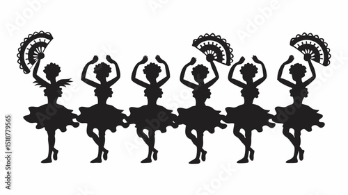 Silhouette of six ballerinas in a row with some holding fans in a graceful dance formation pose |eps vectors set