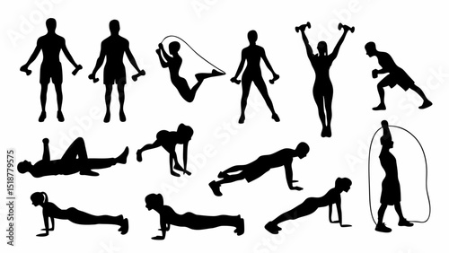 Silhouettes of people performing various exercises including weightlifting and jump rope training session |eps vectors set
