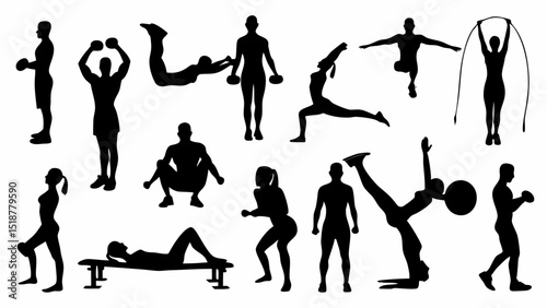 Silhouettes of people doing various exercises including weightlifting and bodyweight training routines |eps vectors set