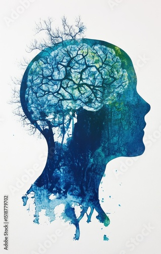 A profile view of a head, where the brain is depicted as a stylized forest.  Watercolor effect