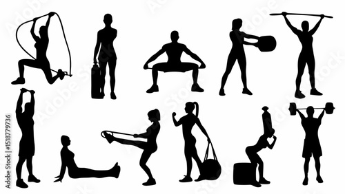 Silhouette illustrations showing people doing various exercises like weightlifting and jump rope training exercises |eps vectors set