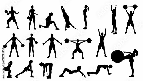 Silhouette illustrations showing various fitness exercises and weightlifting poses on a white background |eps vectors set