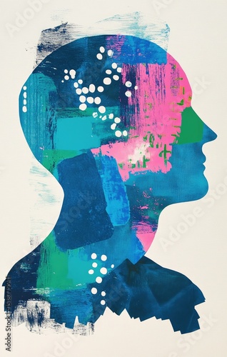 Abstract profile of a head, vibrant colors, and textured brushstrokes