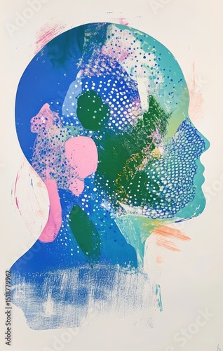 Abstract portrait of a head, vibrant colors and textures
