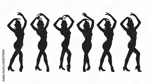 Silhouette of six women in various dance poses with raised arms on a white background vector art |eps vectors set