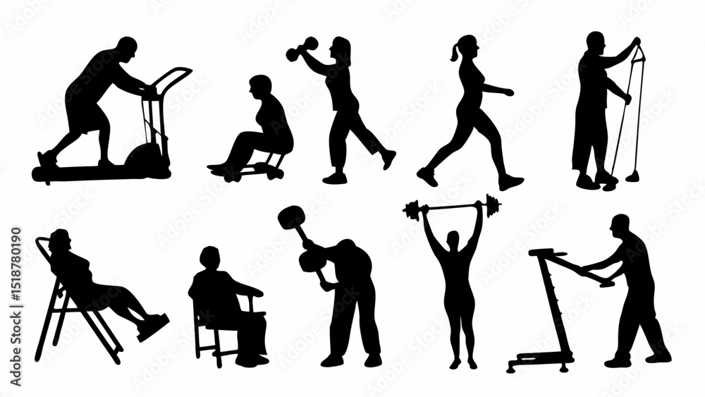 Obraz premium Silhouette illustrations depicting various fitness activities including weightlifting and treadmill usage |eps vectors set