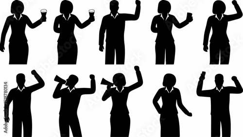 Silhouetted figures of people in various poses including holding objects and raising their fists up high |eps vectors set