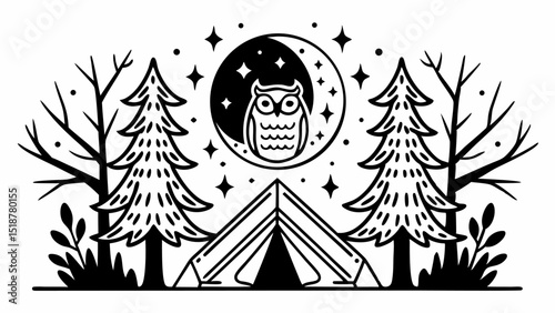 A monochrome illustration of a tent under a moon with an owl, trees, and stars in a forest scene design |eps vectors set silhouette