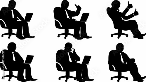 Silhouettes of business people sitting in chairs using laptops and gesturing with their hands and talking on phone |eps vectors set