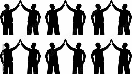 Silhouette illustration showing multiple pairs of people giving each other a high five in a repeating pattern |eps vectors set