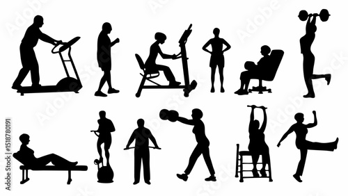 Silhouettes of people exercising with various equipment in a fitness or gym setting depicted in black |eps vectors set