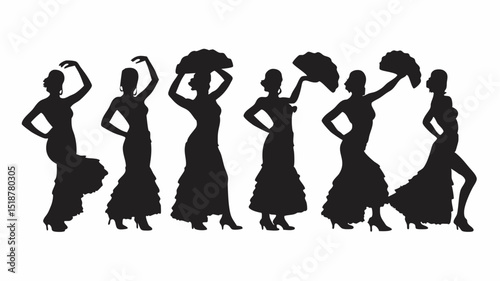 Silhouettes of flamenco dancers in various poses with fans expressing the art of spanish dance style |eps vectors set