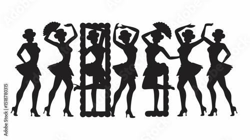 Silhouette of seven dancers in hats and skirts with fans and frames in a row on a white background |eps vectors set