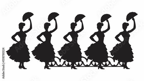 Silhouette illustration of five flamenco dancers with fans standing in a line on a decorative fence |eps vectors set