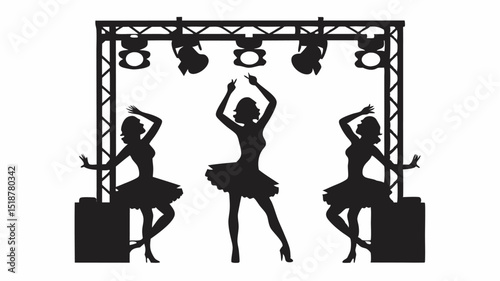 Silhouette of three dancers on stage with lighting rig and speakers in black and white vector format |eps vectors set
