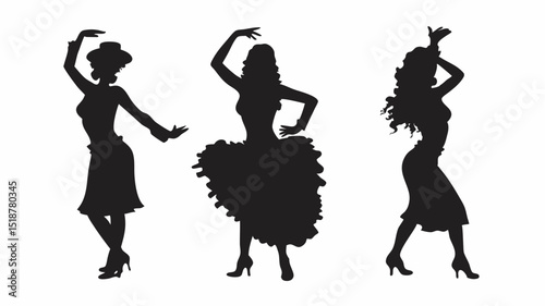 Silhouette illustration of three women dancing in different poses and wearing different outfits |eps vectors set