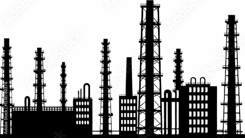 Silhouette of an industrial complex with multiple chimneys and buildings against a white background view of city |eps vectors set