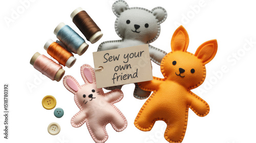 Colorful sewing kit including felt teddy bear and bunnies, spools of thread in various colors, and buttons, arranged on a transparent background, perfect for diy and craft projects