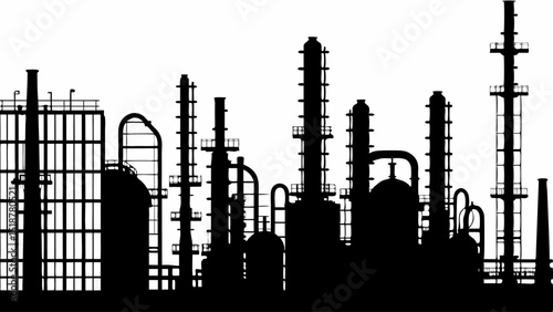 Silhouette of an industrial complex with multiple towers and tanks against a white background in a landscape view |eps vectors set
