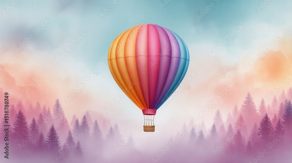 Obraz premium Business Growth Innovation Concepts and Growth Hacking. A colorful hot air balloon floats above a misty forest with pastel skies in the background.